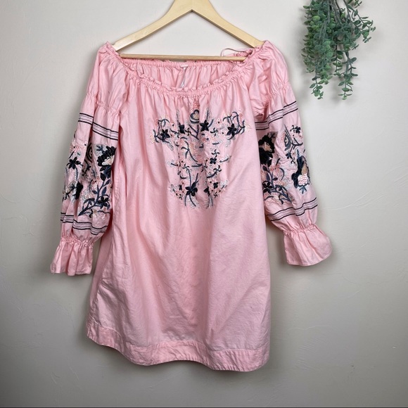 Free People Fleur Du Jour Off the Shoulder Embroidered Pink Dress Size M - Picture 4 of 7